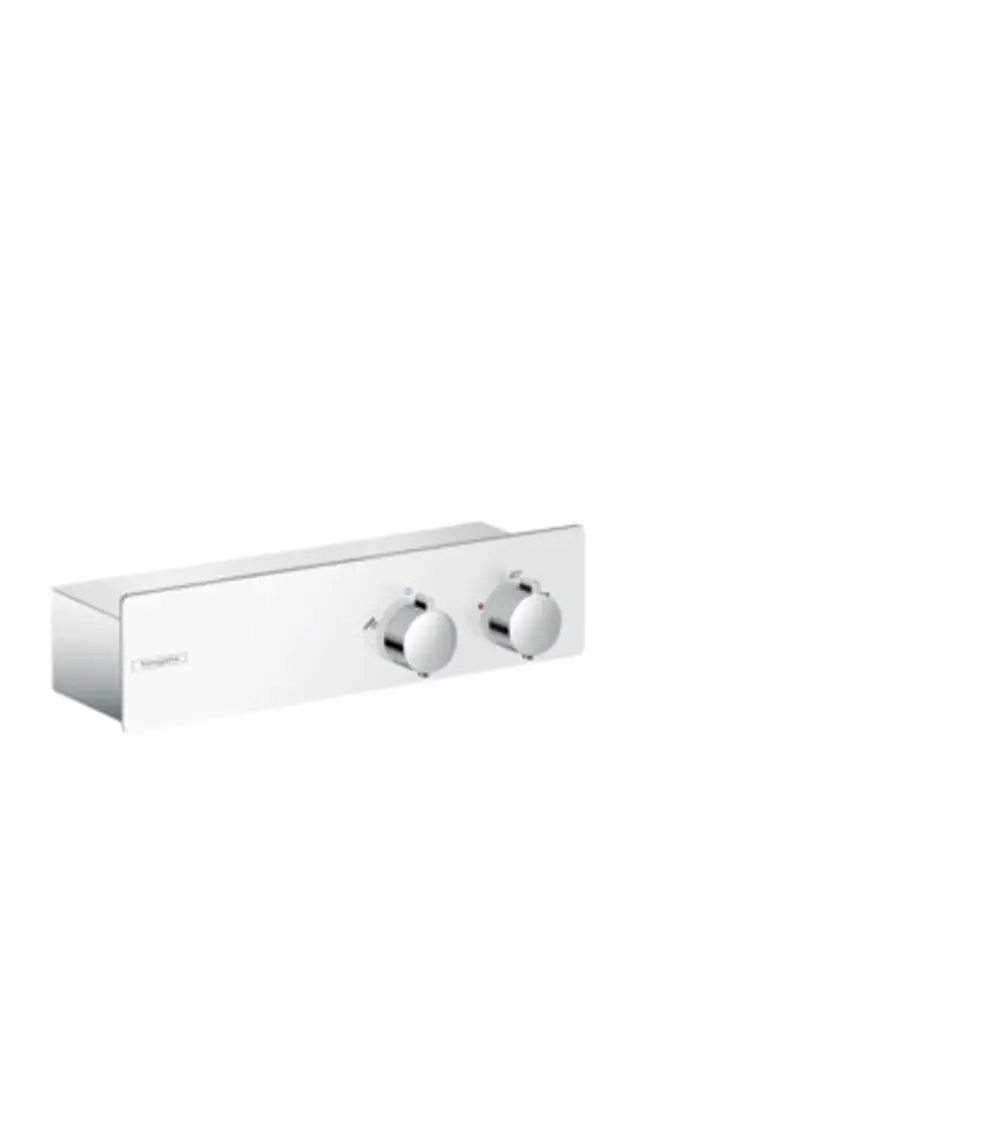 Weißes Brausethermostat mit zwei Drehknöpfen in Chromoptik, montierbar an der Wand. Produkt von Hansgrohe für die Steuerung von Wassertemperatur und -fluss.
